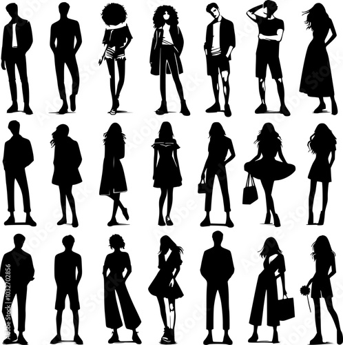Vector silhouettes man and women, illustration. Silhouettes of young people posing in fashionable clothes.
