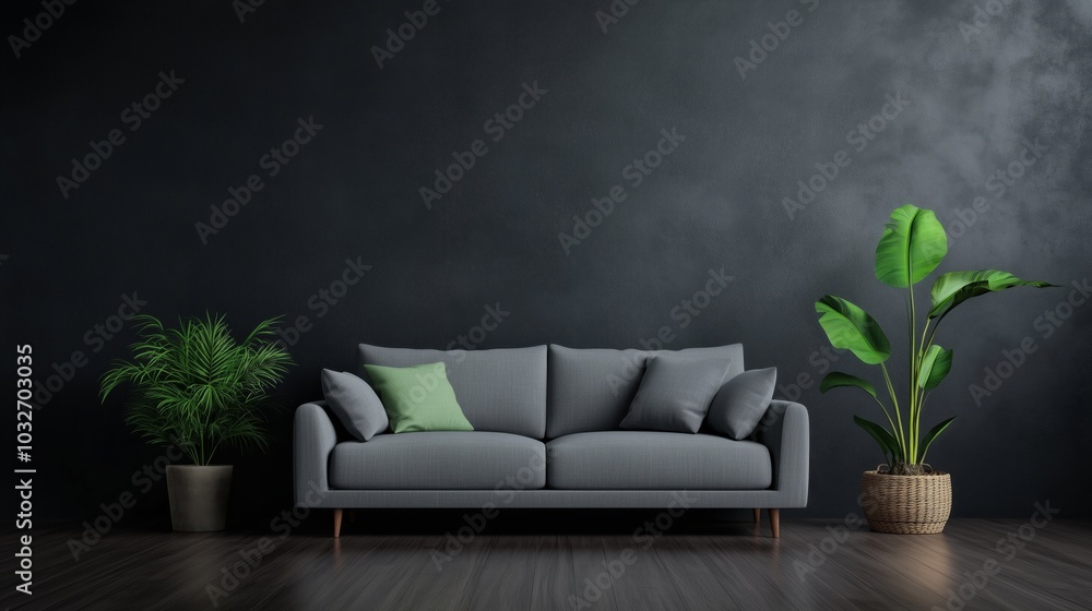 A rustic living room featuring a gray linen sofa, dark wooden floors, and potted plants adding a fresh, natural touch to the space. A rustic living room featuring a gray linen sofa, dark wooden floors, and potted plants adding a fresh, natural touch to the space.