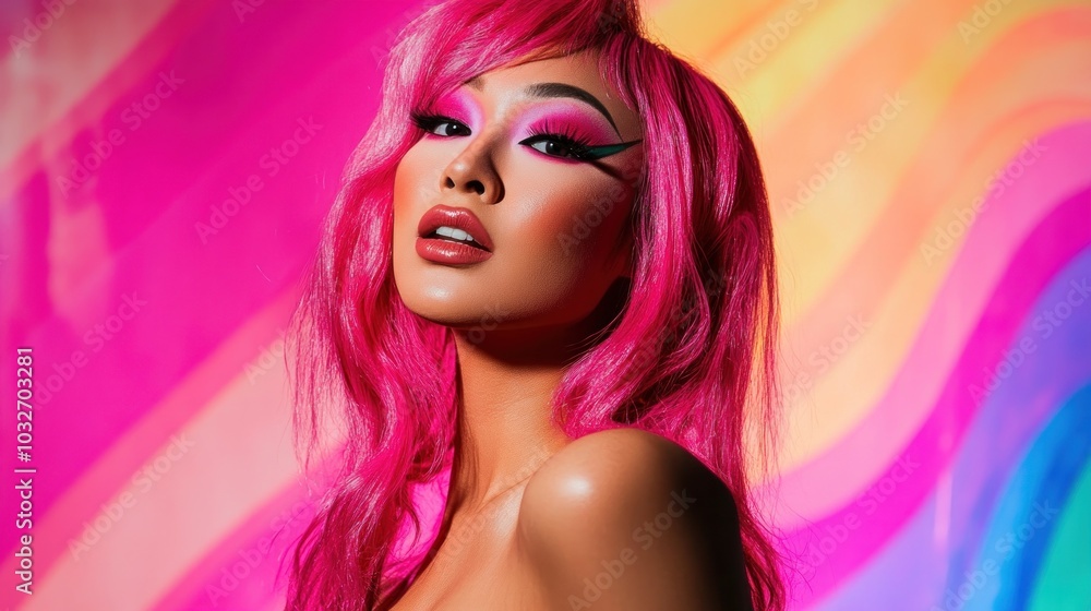 A vibrant portrait of a model with pink hair and bold makeup against a colorful background. A vibrant portrait of a model with pink hair and bold makeup against a colorful background.