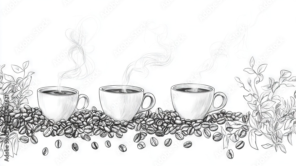 Three coffee cups on a table with surrounding beans and plant life Three coffee cups on a table with surrounding beans and plant life