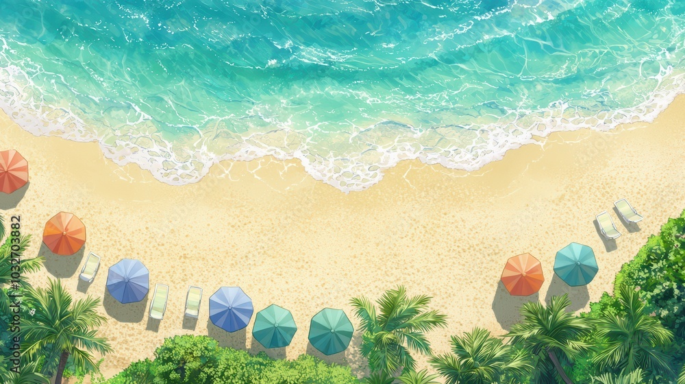 Aerial view of a tropical beach with colorful umbrellas and clear blue water, surrounded by lush greenery. Aerial view of a tropical beach with colorful umbrellas and clear blue water, surrounded by lush greenery.