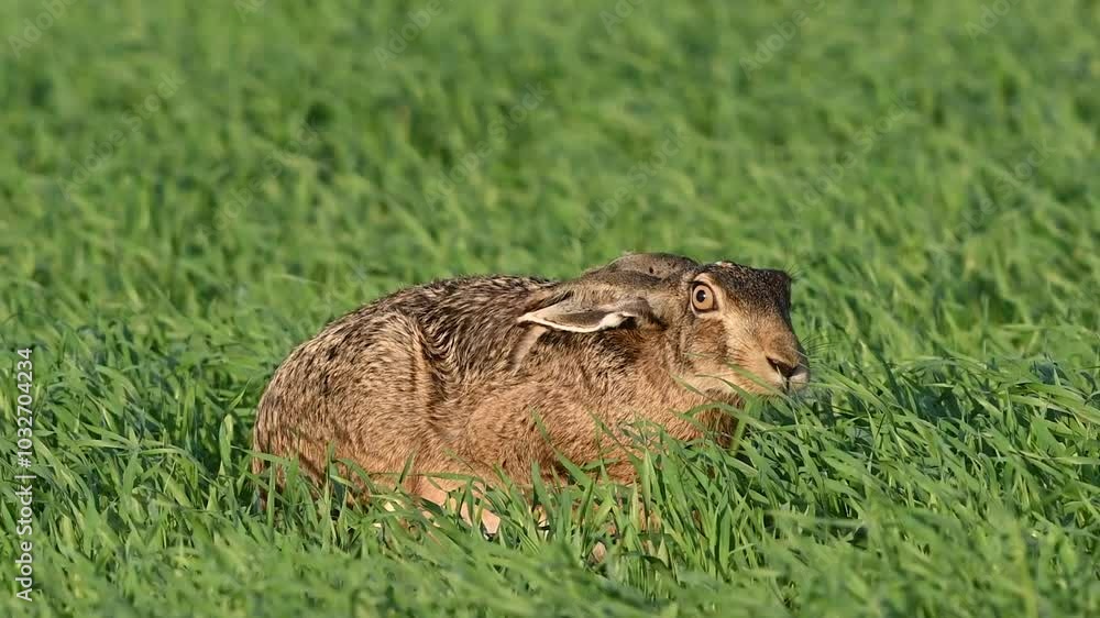 European hare Lepus europaeus, also known as the brown hare feeds in the field. Slow motion. Close up. European hare Lepus europaeus, also known as the brown hare feeds in the field. Slow motion. Close up.