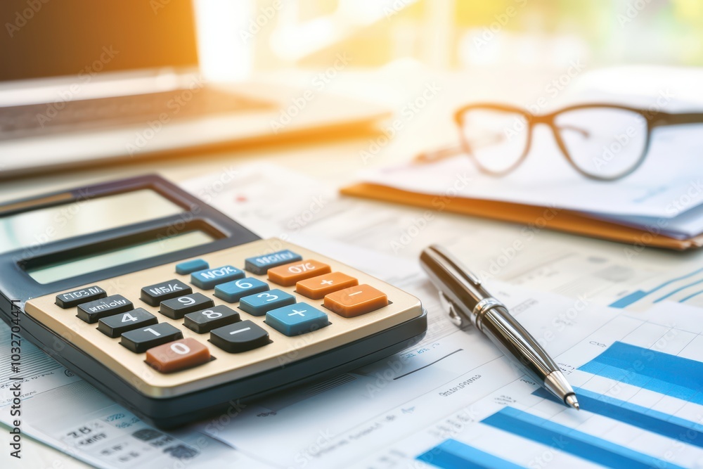 Calculator, pen, and documents on a desk, representing financial planning and analysis. Calculator, pen, and documents on a desk, representing financial planning and analysis.