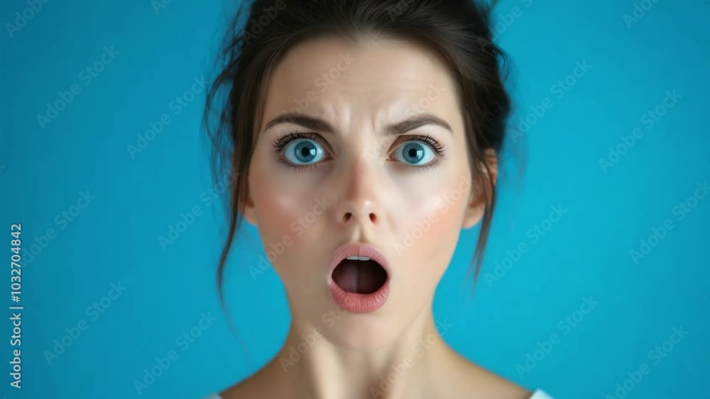 A woman shows a look of astonishment against a vibrant blue backdrop, opening mouth in shock A woman shows a look of astonishment against a vibrant blue backdrop, opening mouth in shock