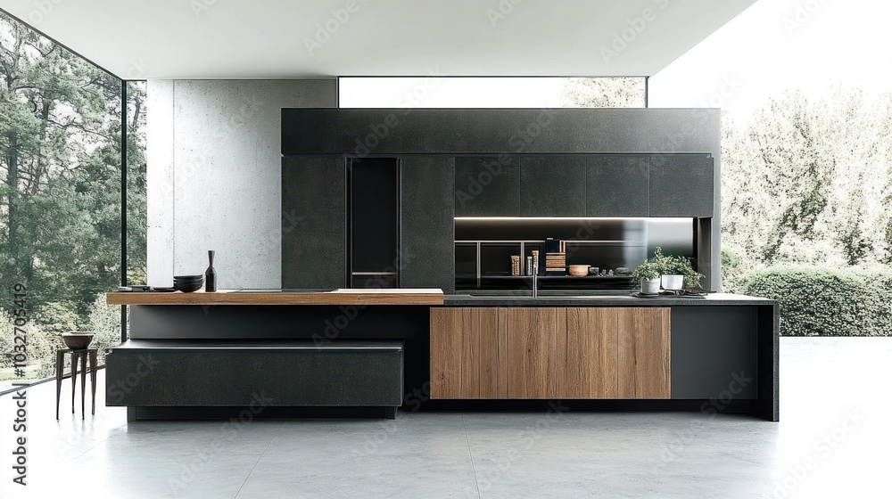 Modern kitchen design featuring sleek surfaces and natural wood accents. Modern kitchen design featuring sleek surfaces and natural wood accents.