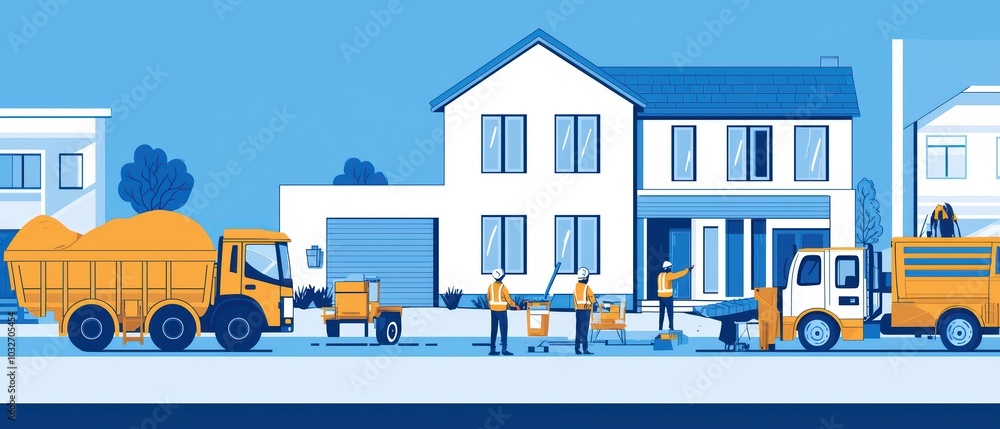 Naklejka premium Construction workers operating machinery on a residential site, with trucks and equipment. Vibrant illustration.