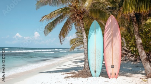 Colorful surfboards lined up on a sunny beach with palm trees and ocean waves...