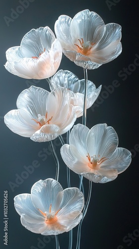  White flowers in glass vase on wooden table against black wall