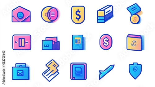 A collection of colorful icons representing finance, communication, and management tools.