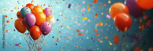 Colorful balloons float amidst vibrant confetti against a bright blue background