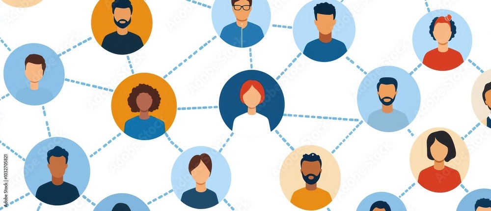 Diverse network of people illustrated in circles, connected by lines, representing community and social interaction. Diverse network of people illustrated in circles, connected by lines, representing community and social interaction.