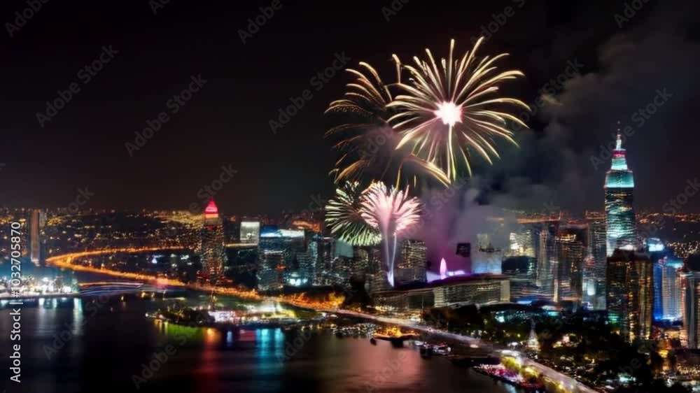Vibrant Night Sky Fireworks in 4K Animation with Aerial City Skyline View and Cinematic Style Vibrant Night Sky Fireworks in 4K Animation with Aerial City Skyline View and Cinematic Style