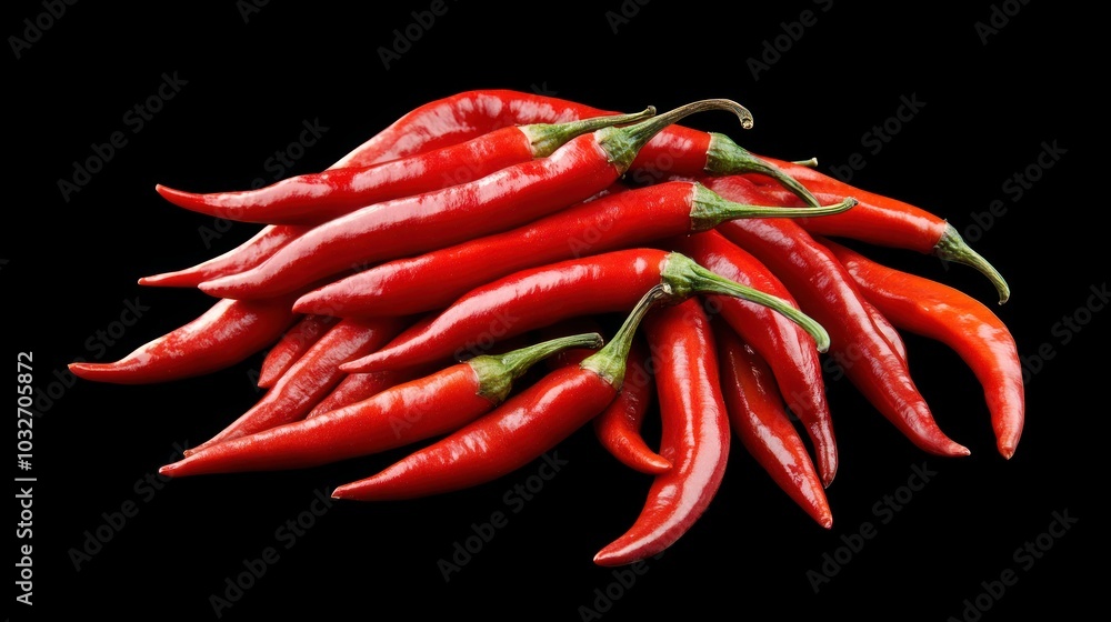 A pile of vibrant red chili peppers against a black background. A pile of vibrant red chili peppers against a black background.