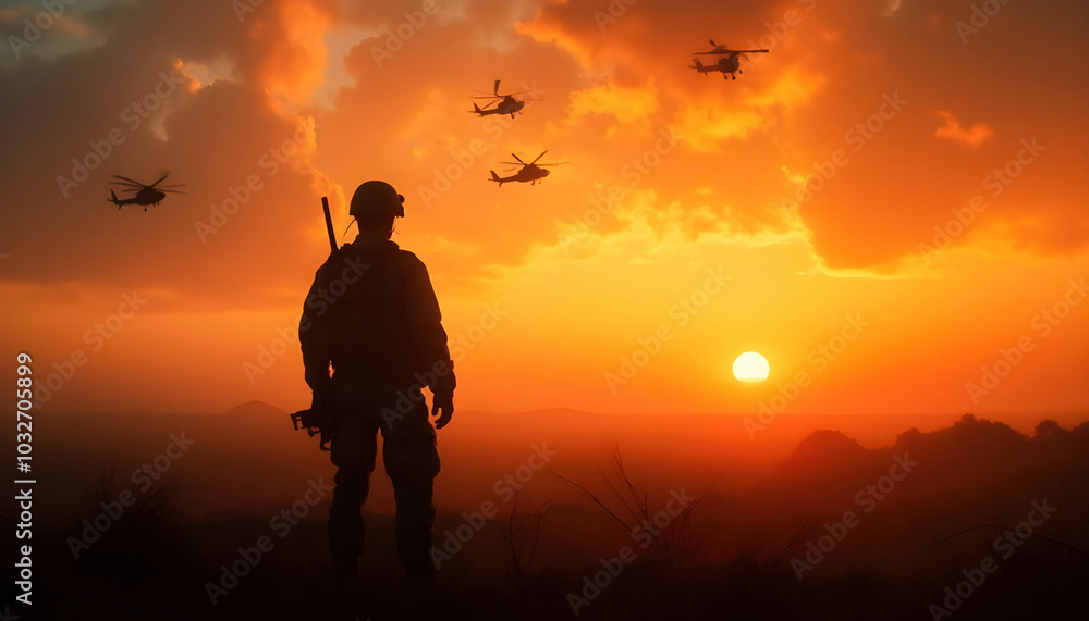 Fototapeta premium A soldier standing on a battlefield at dusk, silhouetted against a fading sky, embodying courage and resilience amidst the remnants of conflict.