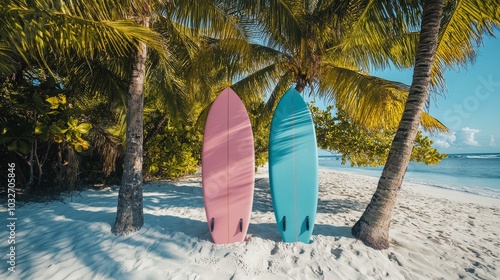 Colorful surfboards lined up on a sunny beach with palm trees and ocean waves...
