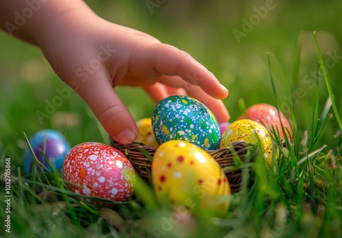 Children enjoy an Easter egg hunt in a lush green garden during springtime fe...