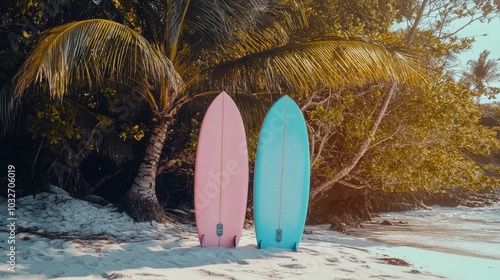 Colorful surfboards lined up on a sunny beach with palm trees and ocean waves...
