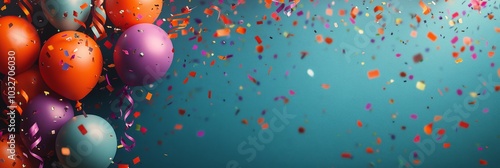 Colorful balloons float amidst vibrant confetti against a bright blue background