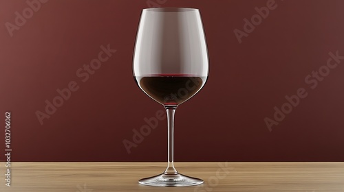 A single glass of red wine on a wooden table with a red background.