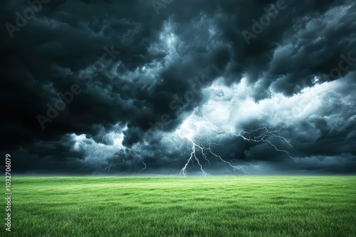 Dramatic storm clouds with lightning illuminating a lush green field, showcasing nature's powerful forces.