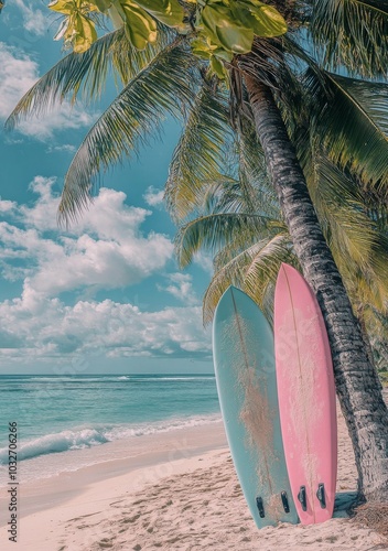 Two surfboards resting on a sandy beach under palm trees during a sunny day