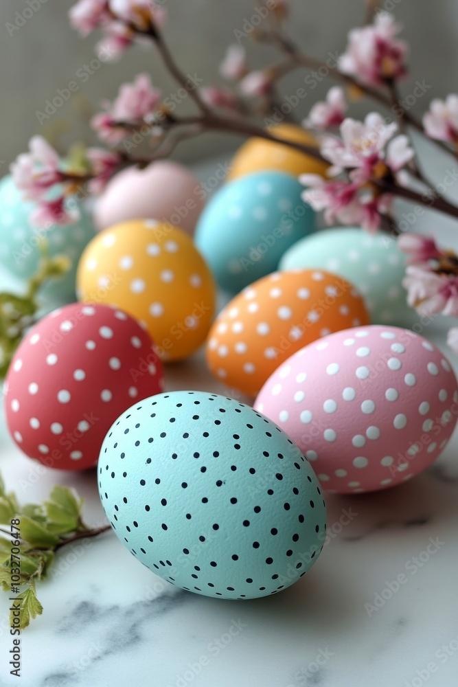 Colorful polka dot eggs arranged on a rustic wooden table in a spring setting Colorful polka dot eggs arranged on a rustic wooden table in a spring setting