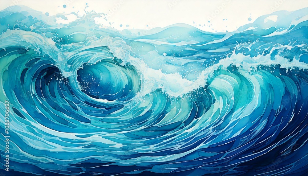 An abstract watercolor design of flowing ocean waves in shades of blue and turquoise, The fluid brushstrokes create a sense of movement and calm An abstract watercolor design of flowing ocean waves in shades of blue and turquoise, The fluid brushstrokes create a sense of movement and calm
