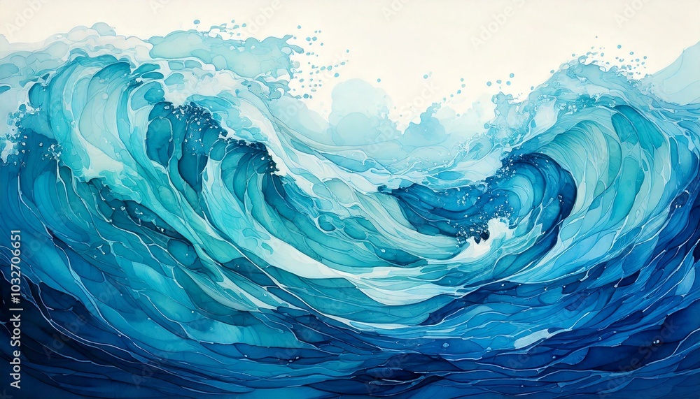 An abstract watercolor design of flowing ocean waves in shades of blue and turquoise, The fluid brushstrokes create a sense of movement and calm An abstract watercolor design of flowing ocean waves in shades of blue and turquoise, The fluid brushstrokes create a sense of movement and calm