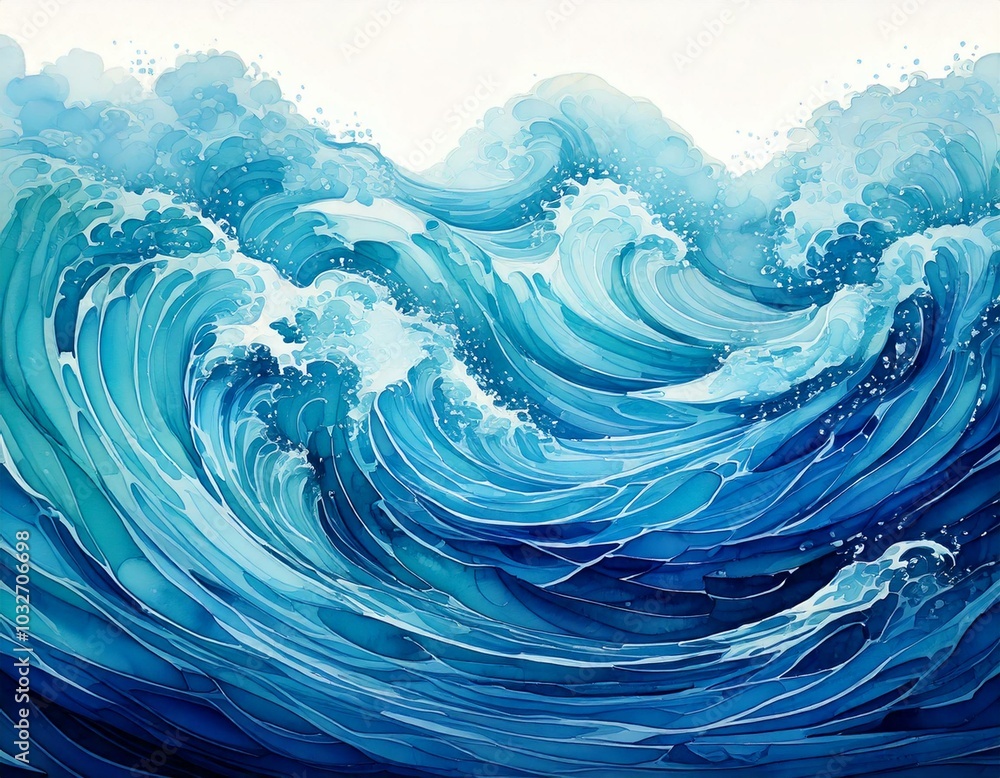 An abstract watercolor design of flowing ocean waves in shades of blue and turquoise, The fluid brushstrokes create a sense of movement and calm An abstract watercolor design of flowing ocean waves in shades of blue and turquoise, The fluid brushstrokes create a sense of movement and calm