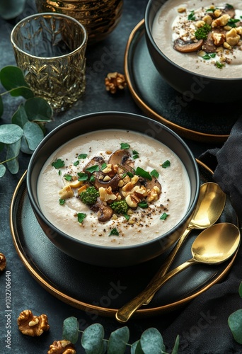 Delicious creamy soup with nuts served in black bowls on a wooden table with ...