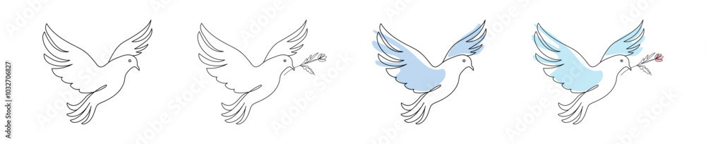 Fototapeta premium Set of Four Dove Illustrations with Flowers in Blue Tones on White Background. Pigeons in flight. Concept of Peace, Love, Minimalist Style, Decorative Art, freedom, hope. Print, Icon, Design Element