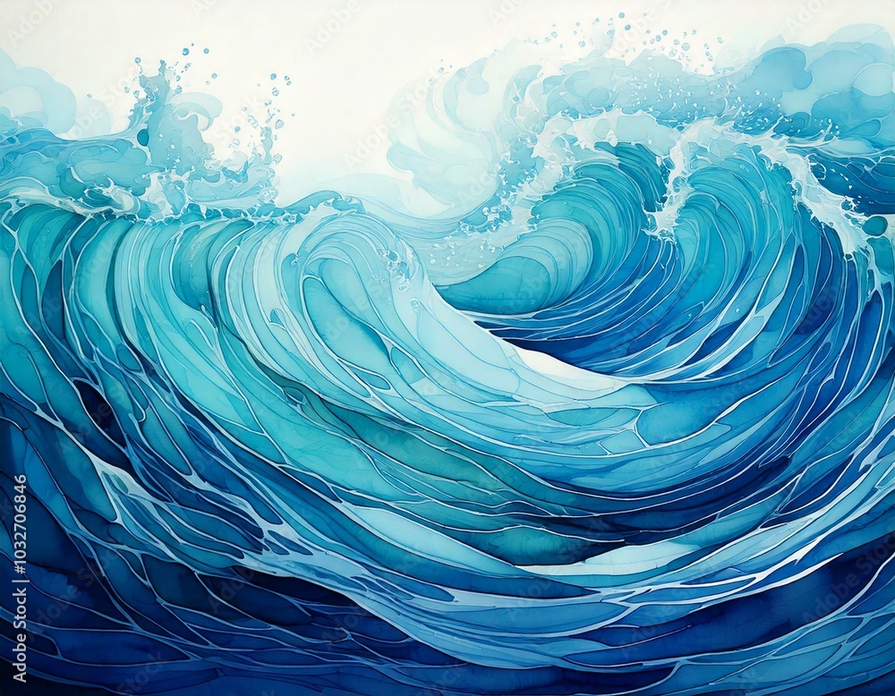 An abstract watercolor design of flowing ocean waves in shades of blue and turquoise, The fluid brushstrokes create a sense of movement and calm An abstract watercolor design of flowing ocean waves in shades of blue and turquoise, The fluid brushstrokes create a sense of movement and calm