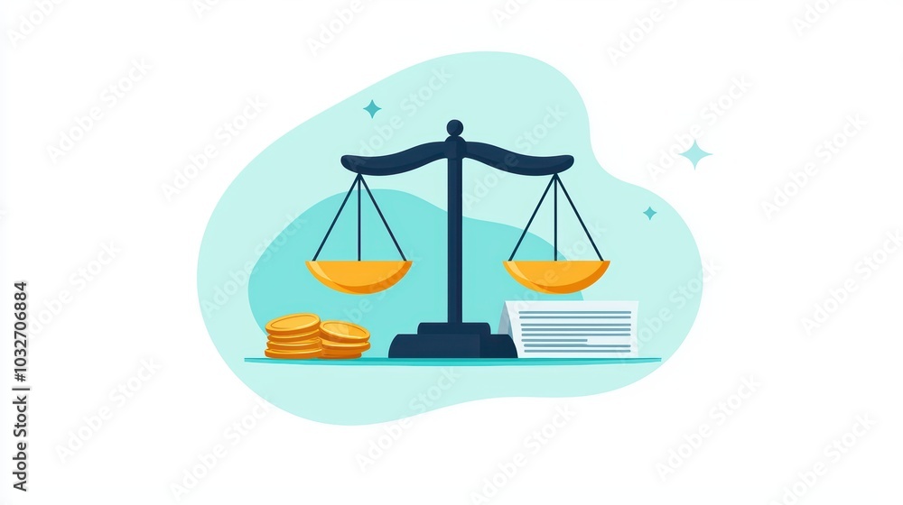 Illustration of scales of justice with coins and documents representing legal matters. Illustration of scales of justice with coins and documents representing legal matters.