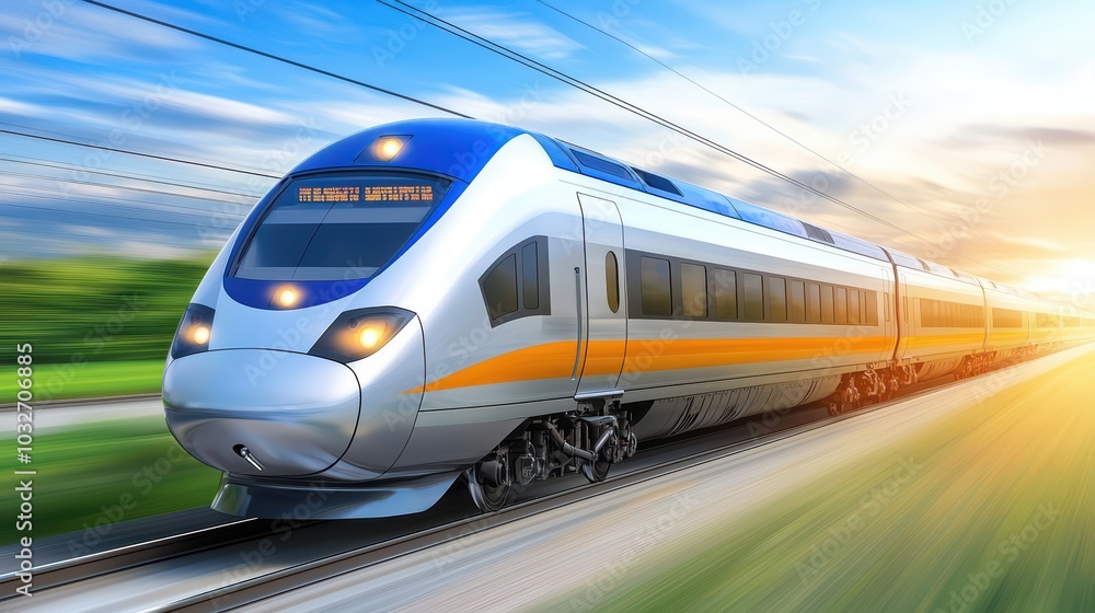 Naklejka premium High-speed train in motion, showcasing sleek design and vibrant colors against a sunlit background.