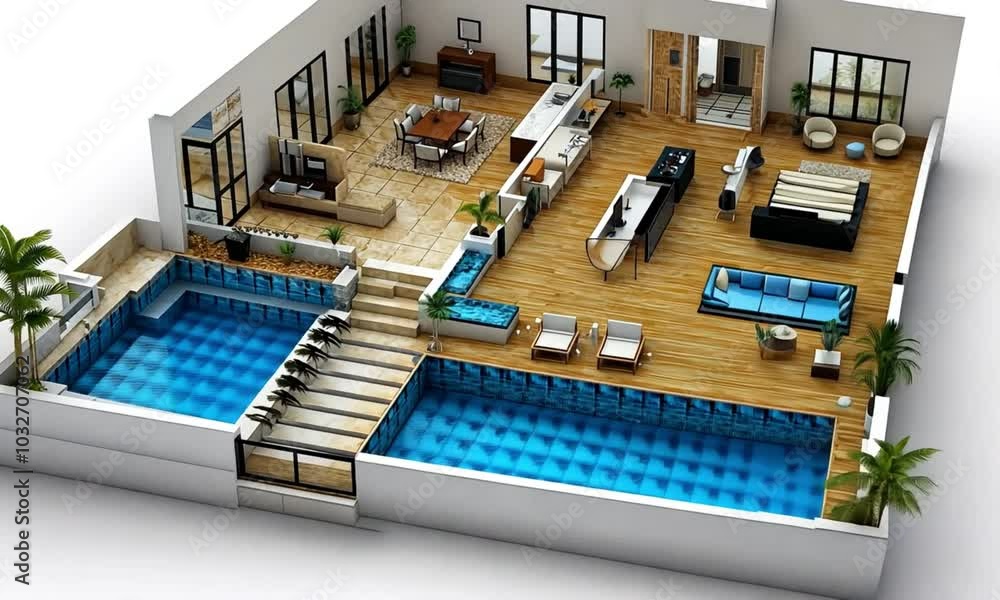 Luxury Villa with Indoor Pool: Architectural rendering of a modern, lavish villa featuring a stunning indoor pool as a centerpiece. The design showcases open-plan living spaces. Luxury Villa with Indoor Pool: Architectural rendering of a modern, lavish villa featuring a stunning indoor pool as a centerpiece. The design showcases open-plan living spaces.
