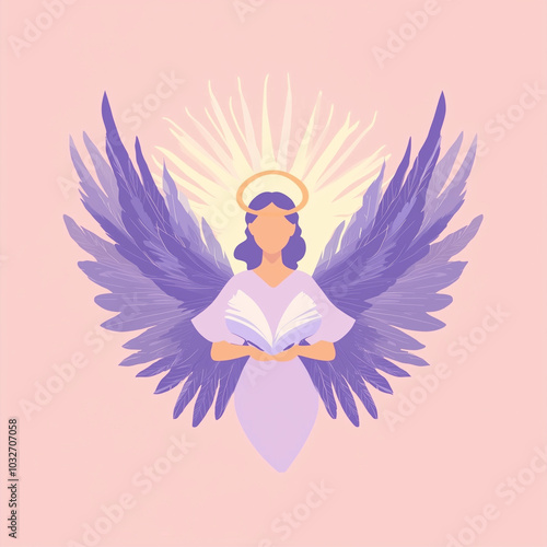 Illustration of cute angel girl with halo and wings. photo