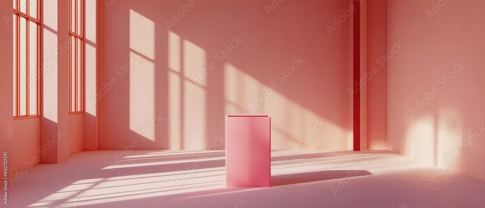 Minimalist room with pink walls and soft lighting showcasing a simple centerpiece on the floor. Minimalist room with pink walls and soft lighting showcasing a simple centerpiece on the floor.