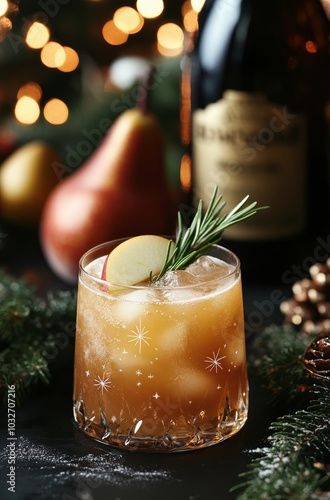 Sparkling holiday cocktail with apple and rosemary garnished by festive decor...