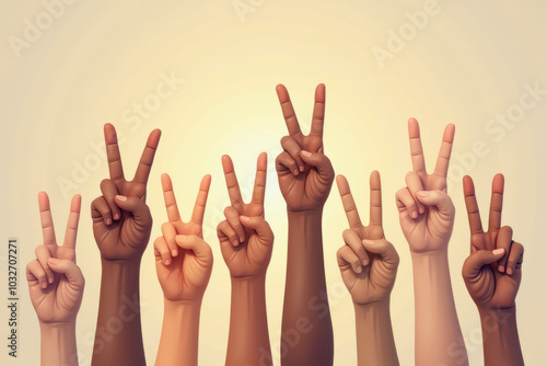 Group of Hands Showing Peace Signs Against a Bright Yellow Background, Symbolizing Unity and Harmony
