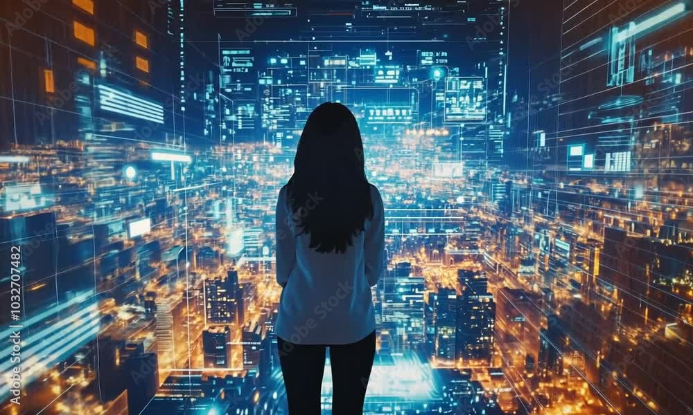 Woman Gazing at a Digital Cityscape Woman Gazing at a Digital Cityscape