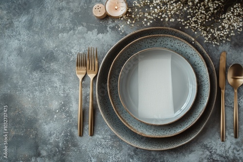 Elegant dining setup with gold utensils and textured plates on a grey background