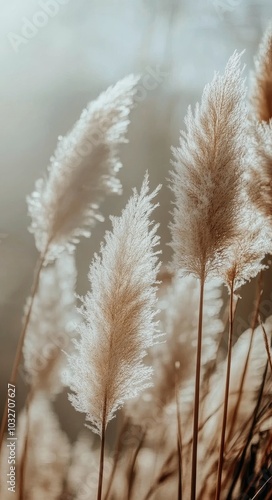 Soft golden grass swaying gently in a tranquil field during the early morning...