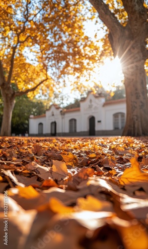 Golden autumn leaves blanket the ground under a bright sunlight in a serene p...