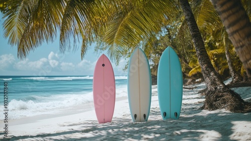 Colorful surfboards lined up on a sunny beach with palm trees and ocean waves...