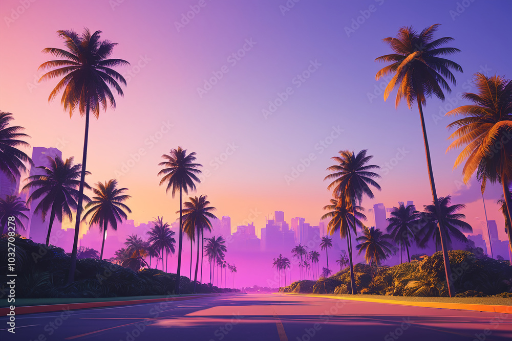 Fototapeta premium Miami city in 80's retro graphic style 