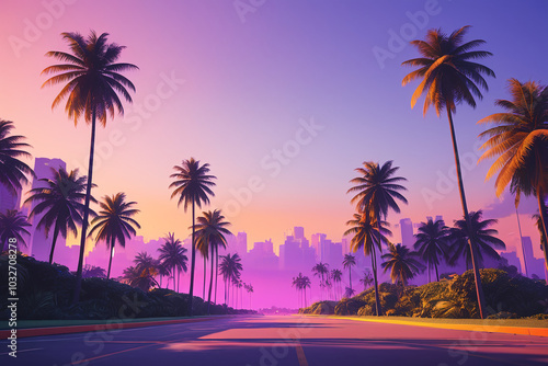 Miami city in 80's retro graphic style 