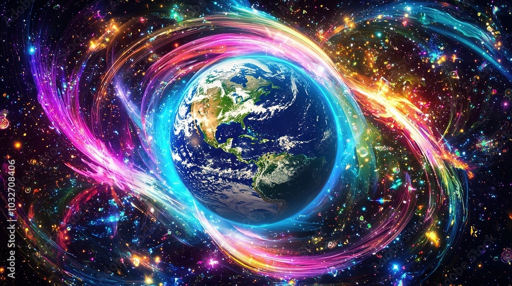 Obraz premium A photo of Earth surrounded by vibrant swirls and stars against a dark backdrop, with Earth positioned at the center