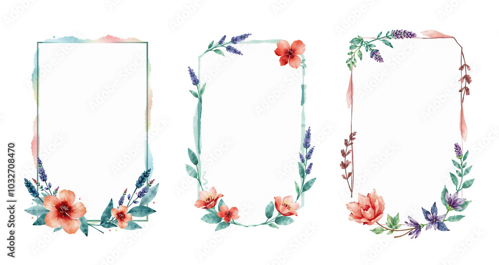 Obraz premium watercolor frames set with dark teal and dark red, lavender flowers and kentia palm leaves, paint style card, brush stroke, isolated