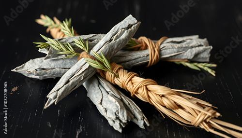 Closeup of Fresh & Dried Sage Native American Smudging Wiccan Bundles With Braided Sweet Grass Herbs On A Black Wooden Table Surface isolated with white highlights, png