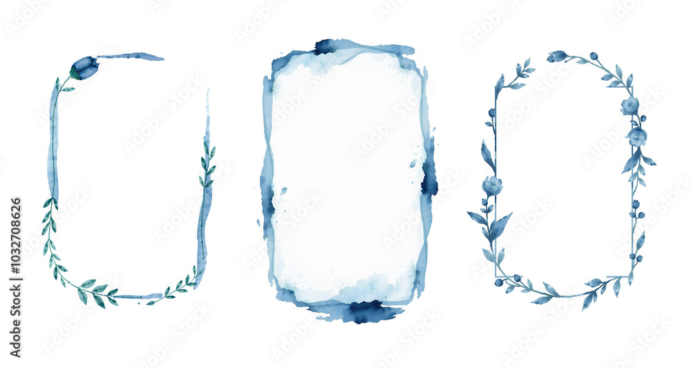 set of watercolor labels with deep blue and dark blue, tulips and juniper leaves, painted style, white background, brush stroke set of watercolor labels with deep blue and dark blue, tulips and juniper leaves, painted style, white background, brush stroke